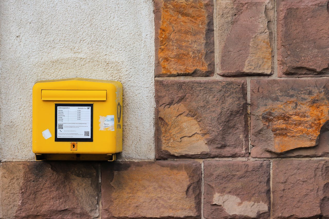 heros-img A yellow mailbox mounted on a rustic stone wall, displaying postal information.