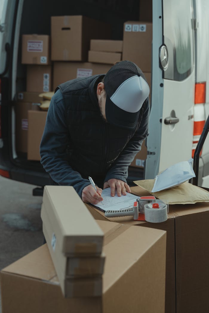 our-story Courier organizing packages from a van, preparing for delivery in a logistics setting.